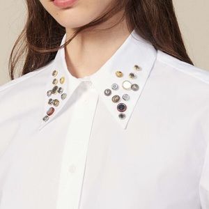 Sandro Anji Embellished Asymmetric Shirt Trimmed With Studs in White - size 2